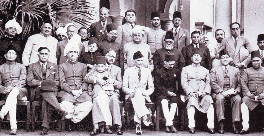 Photo taken at the residence of Mian Bashir Ahmed: Sitting (left to right): Chaudhry Khaliquzzaman, Mian Abdul Hayee, Khizer Hayat, Sir Sikandar Hayat, Quaid-i-Azam Mohammad Ali Jinnah, Mian Bashir Ahmed, Shah Nawaz Mamdote, Liaquat Ali Khan, Sir Muhammad Yusaf at All India Muslim League session on March 23, 1940, Lahore.