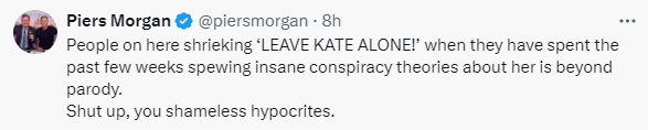 Piers Morgan reacts after Royal fans ask him to leave Kate Middleton alone