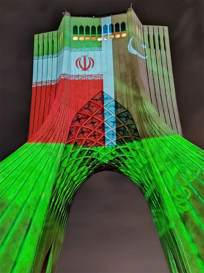 Pakistan’s Envoy to Iran Mudassir Tipu said he was deeply honoured to have video mapping of Pakistan and Iran flags at Azadi Square in Tehran. “It symbolized the depth & and breadth of ties of brotherly neighbours. Thousands of people joined the historic moment. Immensely grateful to Tehran for its cooperation and warmth,” he said. — X/@AmbMudassir