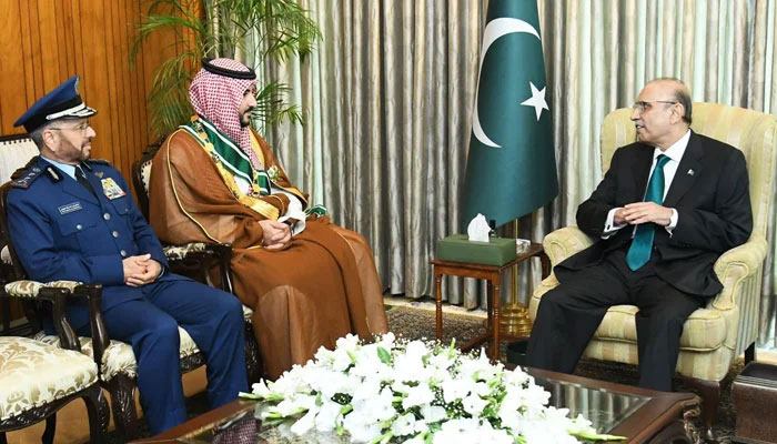 Saudi Arabias Defence Minister Prince Khalid bin Salman Al Saud (left) meets President Asif Ali Zardari at Aiwan-e-Sadr on March 23, 2024. — PID