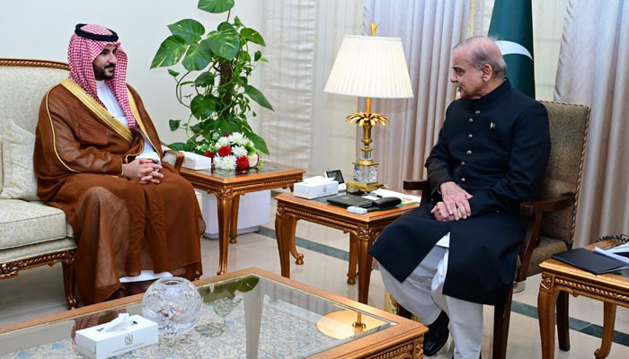 Saudi Arabias Defence Minister Prince Khalid Bin Salman Bin Abdul Aziz Al Saud calls on Prime Minister Shehbaz Sharif here at the Prime Minister House on March 23, 2024. — APP