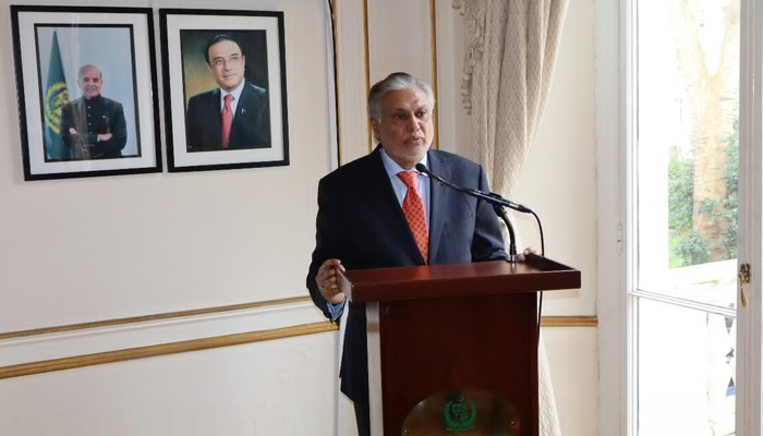 Foreign Minister Ishaq Dar interacting with officers of Pakistan High Commission London on March 20, 2024. — X/PakistaninUK