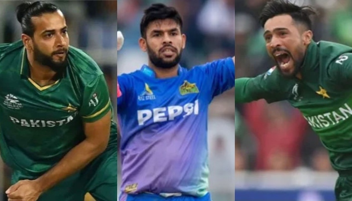 (From left to right) Imad Wasim, Usman Khan and Mohammed Amir. — PCB/AFP/File