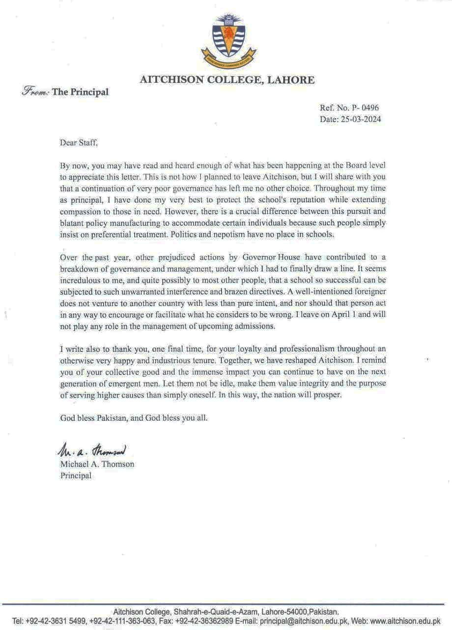 The picture shows a letter written by Aitchison College Principal Michael A Thomson. — Provided by the reporter