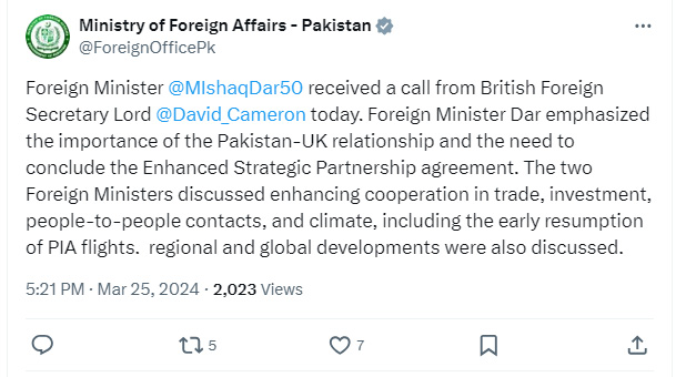 Screenshot of tweet posted by Ministry of Foreign Affairs regarding Foreign Minister Ishaq Dar and his British counterpart David Cameron’s conversation. — X/ForeignOfficePk