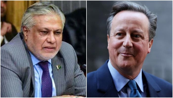 Foreign Minister Ishaq Dar (left) and British Foreign Secretary David Cameron. — APP/Reuters