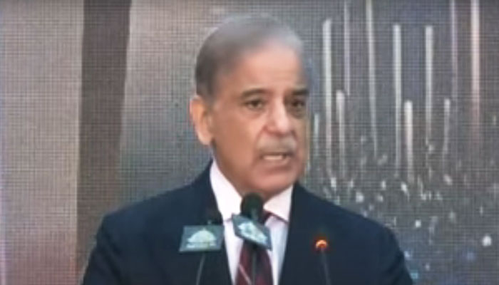 Prime Minister Shehbaz Sharif addresses an event in Islamabad on March 26, 2024, in this still taken from a video. — YouTube/Geo News Live