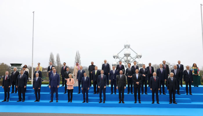Foreign Minister Ishaq Dar seen standing alongside other dignitaries at the Nuclear Energy Summit 2024 Brussels, Belgium on March 22, 2024. — X/@ForeignOfficePk