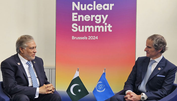 Foreign Minister Ishaq Dar meets Director General, International Atomic Energy Agency Rafael Grossi on the sidelines of the Nuclear Energy Summit in Brussels on March 21, 2024. — X/@ForeignOfficePk