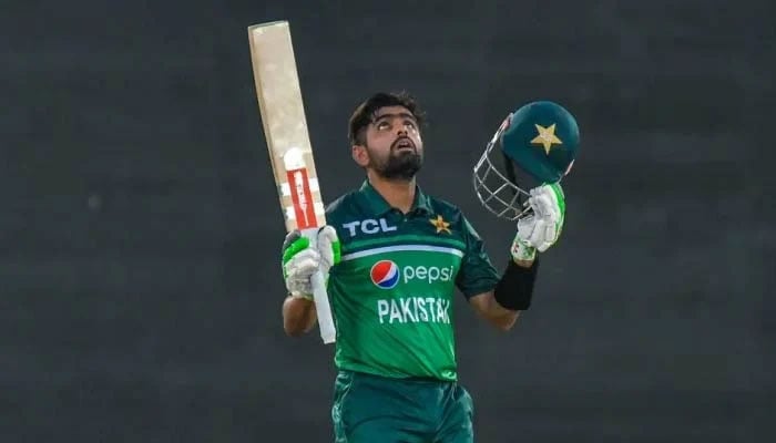 Babar Azam celebrates during the fourth ODI against New Zealand at the National Bank Cricket Arena in Karachi, on May 5, 2023. — PCB