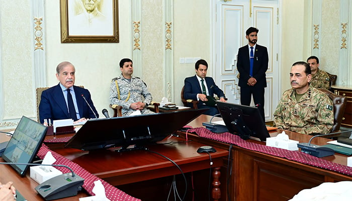 PM Shehbaz Sharif (left) chairs the emergency meeting in aftermatch of Shangla terrorist attack. COAS General Syed Asim Munir also attends the meeting, on March 27, 2024. — PMO