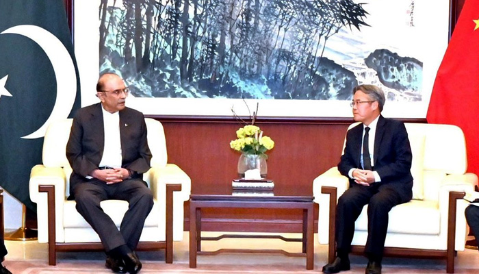 President Asif Ali Zardari (left) meets Chinese AmbassadorJiang Zaidong at Chinese Embassy on March 27, 2024. — Presidents Secretariat