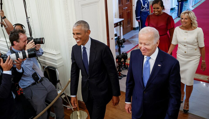 President Joe Biden and Jill Biden host former president Barack Obama and Michelle Obama in the East Room of the White House, on September 7, 2022. Barack Obama comes in to save Joe Biden against reelection of Donald Trump. — Reuters