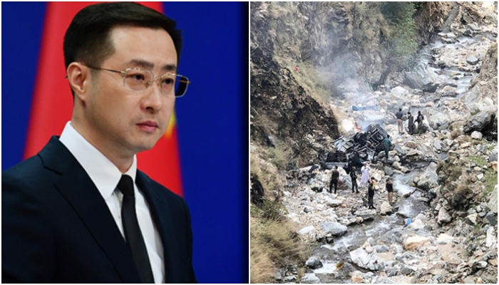 Chinese Foreign Ministry Spokesperson Lin Jian (left) addresses the press conference on March 27, 2024, and security officials inspecting site of the attack near Khyber Pakhtunkhwa’s Bisham city on March 26, 2024. — Chinese foreign ministry/AFP