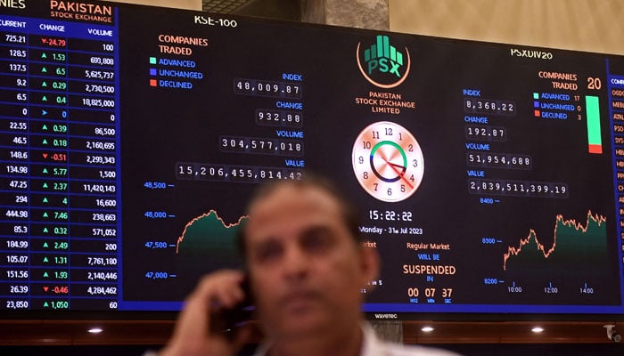 A stock broker attends a call during a trading session at the Pakistan Stock Exchange (PSX) in Karachi on July 31, 2023. — AFP