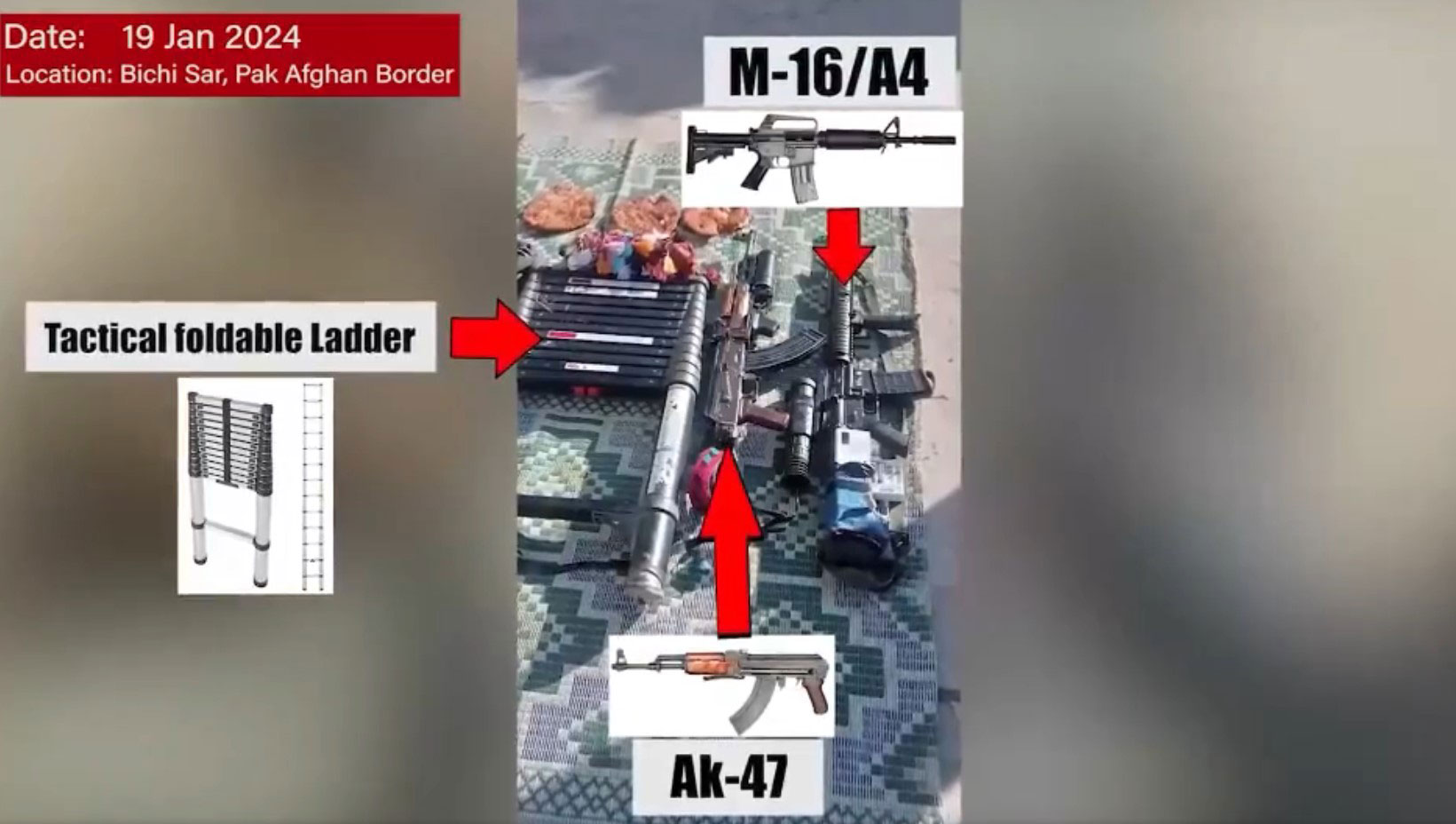 ایک تصویر جس میں دہشت گردوں سے ضبط کیے گئے مختلف ہتھیار، سامان دکھایا گیا ہے۔  - رپورٹر