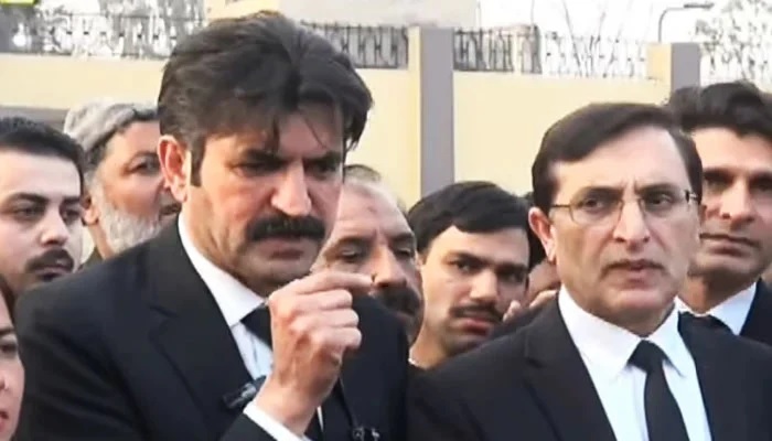 PTI leaders Sher Afzal Marwat and Barrister Gohar Ali Khan talk to media outside Adiala Jail. — Screengrab/File