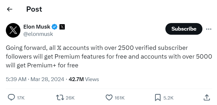 Elon Musk announces new premium features for X users