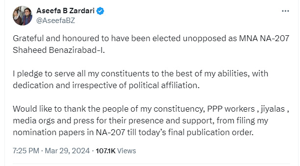 Screenshot of Aseefa Bhutto-Zardari’s message on X after becoming MNA. — X/@AseefaBZ
