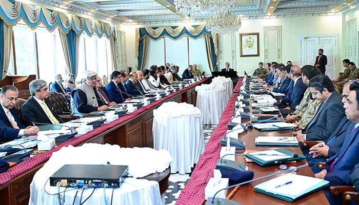PM Shehbaz Sharif chairs the meeting on measures against spectrum of illegal activities on March 29, 2024. COAS General Syed Asim Munir, cabinet members, chief ministers, and high-level officials also attend the meeting. — PID
