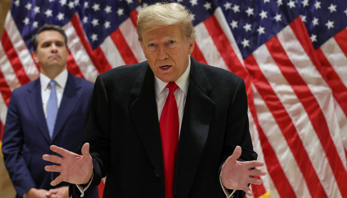 Republican candidate and former president Donald Trump speaks during a press conference in New York City on March 25, 2024. Donald Trump vows to defeat Joe Biden by raising more money. — Reuters