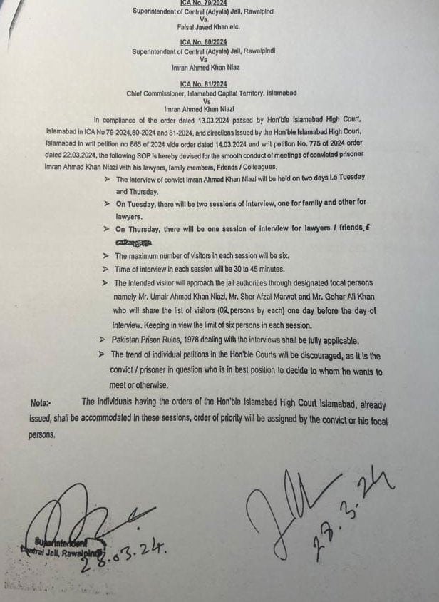 An image of the signed agreement between PTI founder Imran Khan and Superintendent Adiala Jal. — X/@AsadAToor
