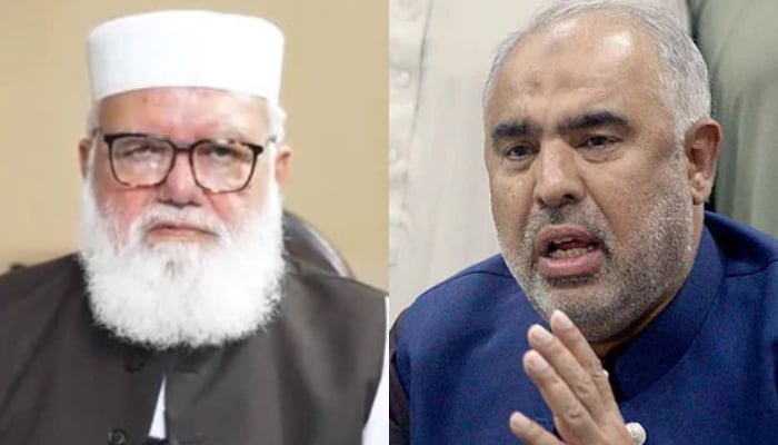 Jamaat-e-Islami leader Liaquat Baloch (left) and Pakistan Tehreek-e-Insaf’s Asad Qaiser. — Jamaat-e-Islami/ APP/File