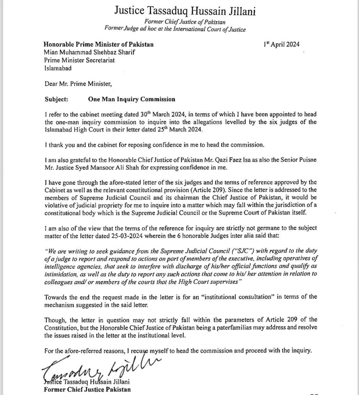 former chief justice of Pakistan Tassaduq Hussain Jillanis letter to PM Shehbaz Sharif. — Geo News/Reporter