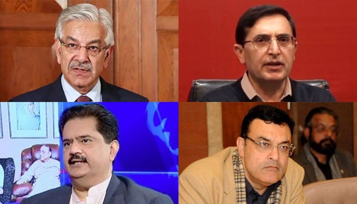 Clockwise from top left: Defence Minister Khawaja Asif, PTI chief Barrister Gohar Khan, JUI-F MNA Noor Alam Khan and PPP leader Nabil Gabol. — AFP/APP/File