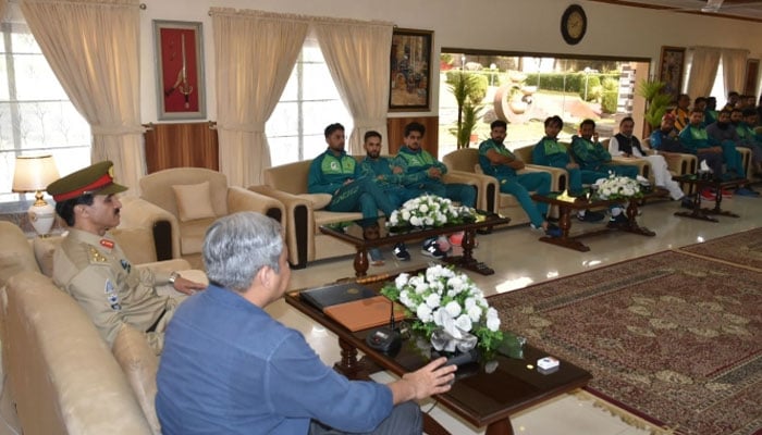 Pakistan Cricket Board (PCB) Chairman Mohsin Naqvi meets players of the national mens team at the Pakistan Military Academy in Kakul on April 1, 2024. — PCB