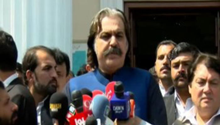 Khyber Pakhtunkhwa CM  Ali Amin Gandapur speaks to the media outside KP Assembly in Peshawar on April 2, 2024. — Screengrab/YouTube/Hum News Live