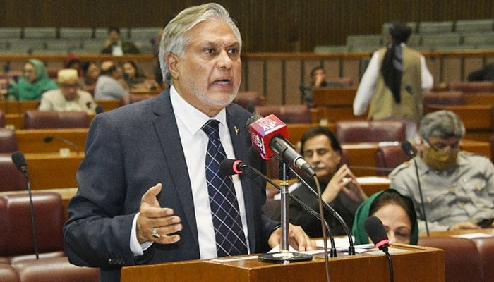 PML-N Senator Ishaq Dar is speaking on the floor of the National Assembly. —X/NAofPakistan/File