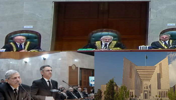 The seven-member Supreme Court bench is headed by Chief Justice Qazi Faez conducting the hearing of suo motu notice on April 3, 2024, in this still taken from a video of the live proceedings. — YouTube/Supreme Court of Pakistan