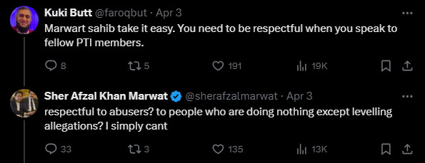 Screenshot of post in reply to Sher Afzal Marwat on X. — x/@faroqbut