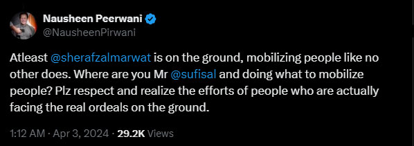Screenshot of post in reply to Salman Ahmed on X. — x/@NausheenPirwani