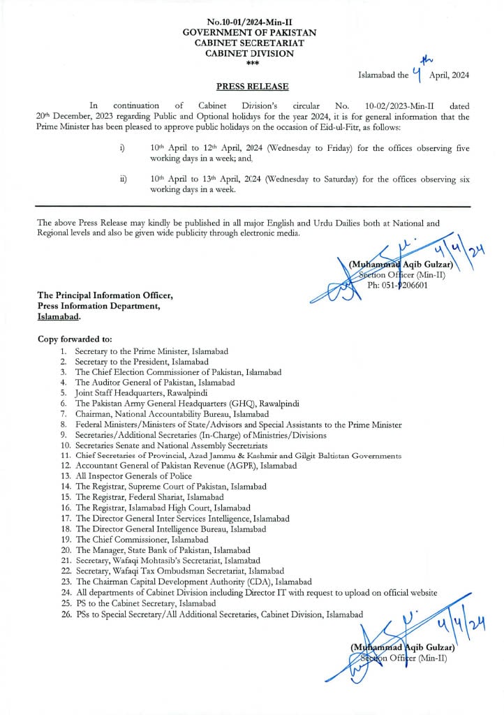 Govt issues notification for Eid-ul-Fitr holidays