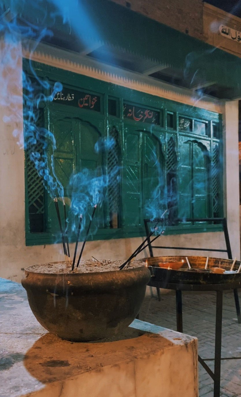 Agarbatti (incense1) lit in front of the langar khana (Alms House) doors at Karbala Gamay Shah Imambargah. — Photo by author