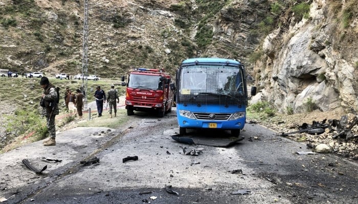 The site of a suicide attack in the Shangla district of Khyber Pakhtunkhwa on March 26, 2024. —AFP