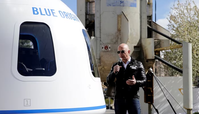 Amazon and Blue Origin founder Jeff Bezos addresses the media about the New Shepard rocket booster and Crew Capsule mockup at the 33rd Space Symposium in Colorado Springs, Colorado, United States April 5, 2017. — Reuters