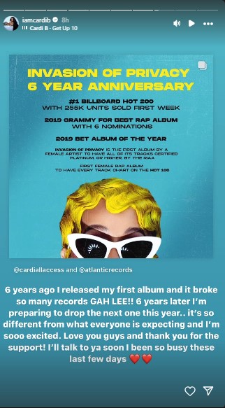 Cardi B celebrates 6 years of Invasion of Privacy with new album teaser