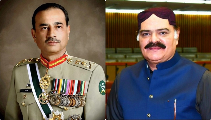 Pakistan Peoples Party (PPP) MNA Makhdoom Jameel Uz Zaman (right) and Chief of Army Staff General Asim Munir (left). X/@PakistanFauj/ na.gov.pk/File