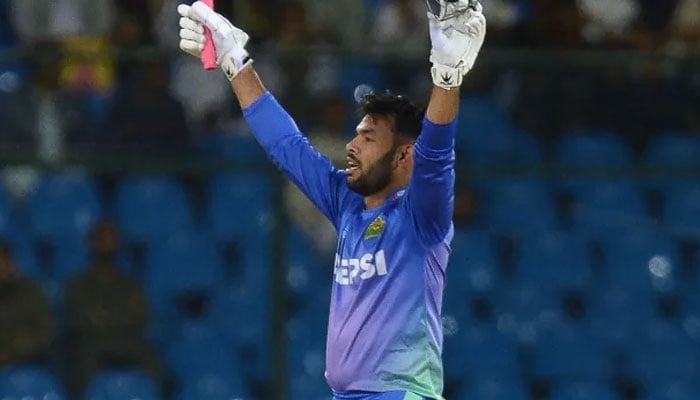 Multan Sultans Usman Khan celebrates scoring a century during the PSL 9 match against Karachi Kings. — AFP/File