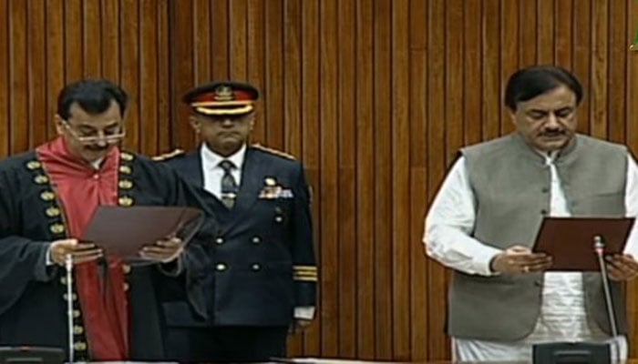 Senate Chairman Syed Yusuf Raza Gilani administers oath to newly-elected Deputy Chairman Saidal Nasir Khan on April 9, 2024. — YouTube screengrab