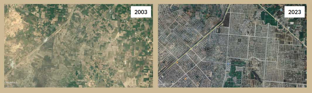 A satellite image of agricultural land in a part of Lahore, captured in 2003 (left). The same agricultural land was later converted to DHA Phase 6 (right). Satellite image taken in 2023. — Data via Urban Unit