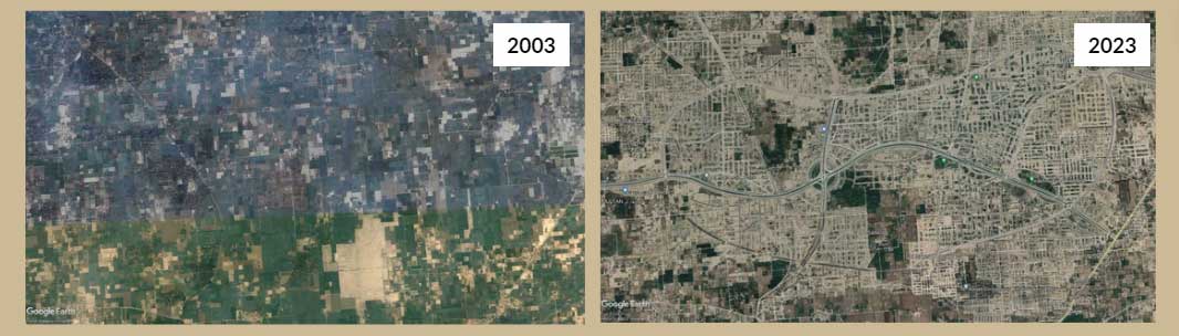 A satellite image taken in 2003 which shows mango orchids in Multan (left). Satellite images show the same land in 2023 when the mango orchids were removed and constructed on DHA Multan (right). — Data via Urban Unit