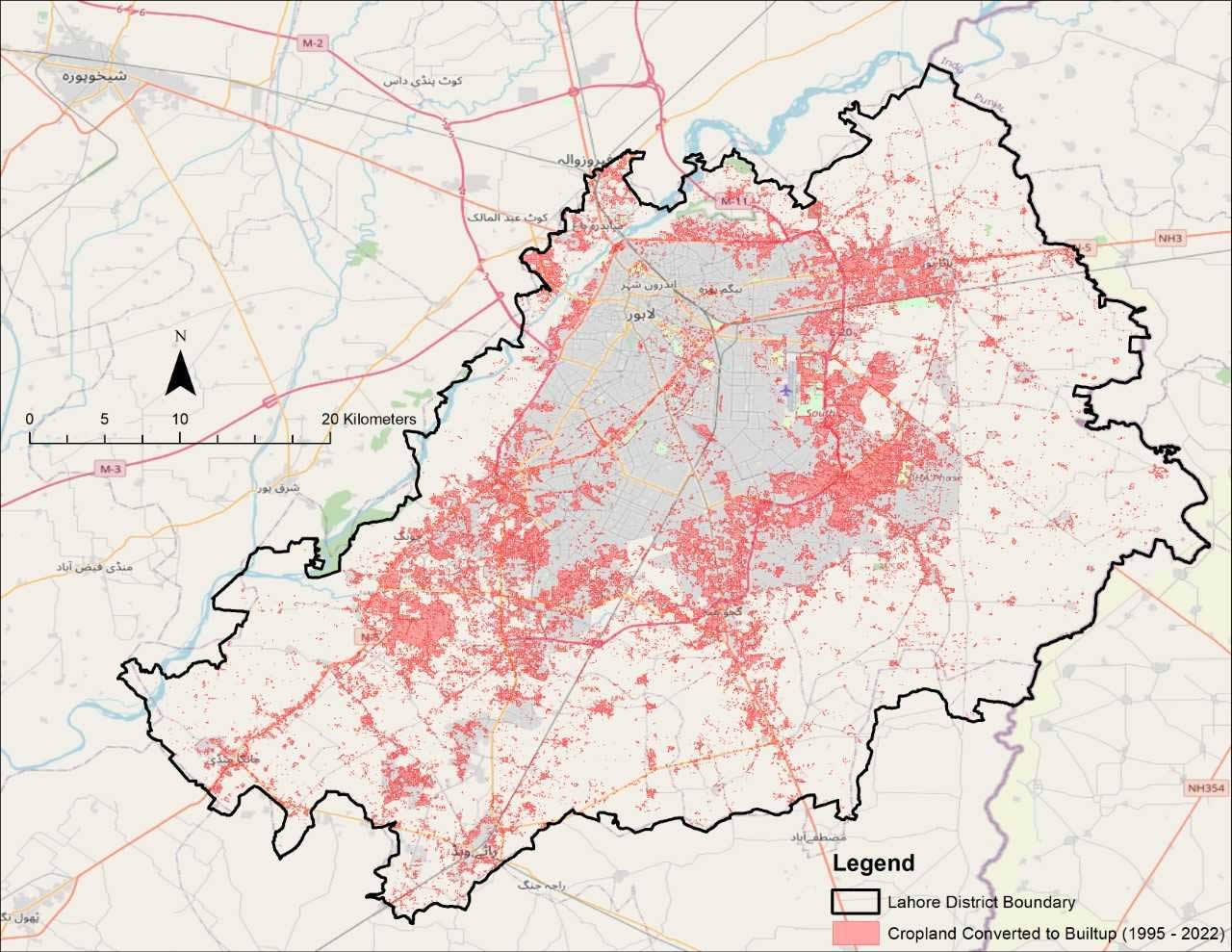 Crop land in Lahore that was converted to built-up area between 1995 and 2022. — Data via Urban Unit