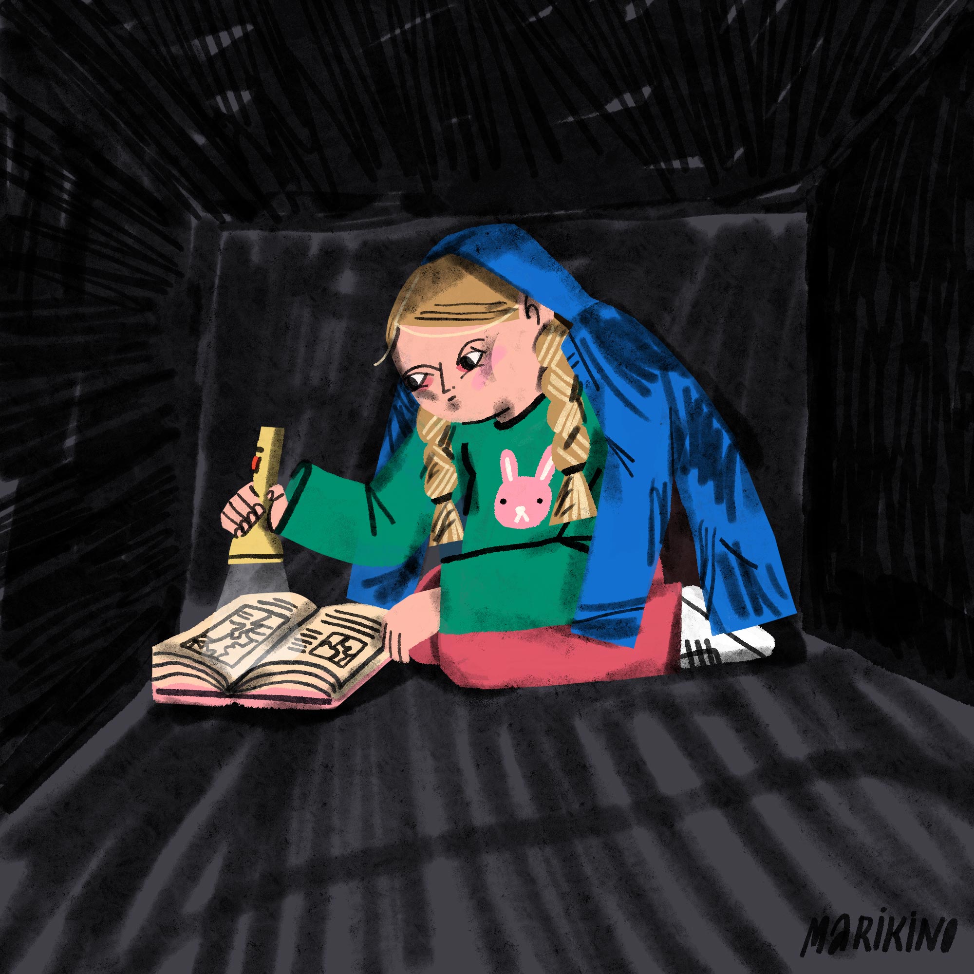 This illustration by Mari Kinovych is about stolen childhood and depicts how children are trying to study in the bomb shelters. — Provided by artist