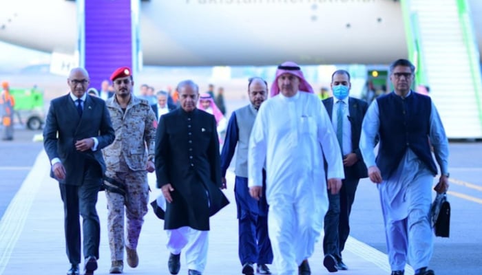 This image released on April 6, 2024, showsPrime Minister Shehbaz Sharif during his arrival in the Saudi Arabian capital Riyadh. — Facebook/Mian Shehbaz Sharif