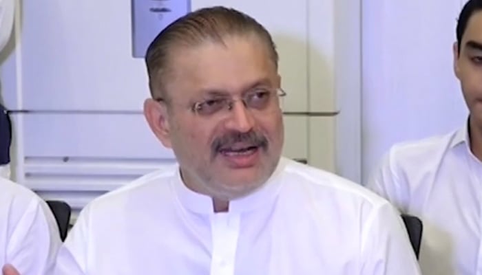 Sindh’s senior minister Sharjeel Inam Memon speaks to reports in Hyderabad, on April 10, 2024, in this still taken from a video. — Geo News