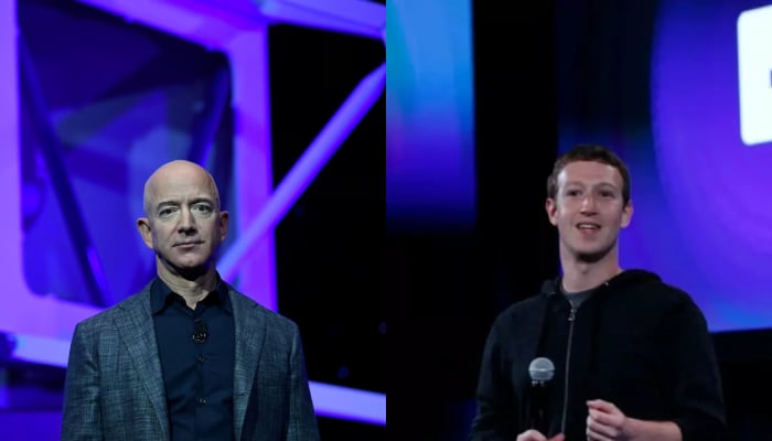 CEO Meta Mark Zuckerberg (R) and founder of Amazon and Blue Origin Jeff Bezos (L) have been unfavourable among US voters. — Reuters/File